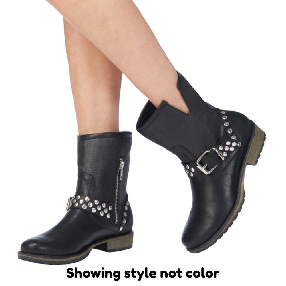 Justfab Moto Boots Cory Brown Cognac Grommets & Buckle Size 9 Lugsole Like New